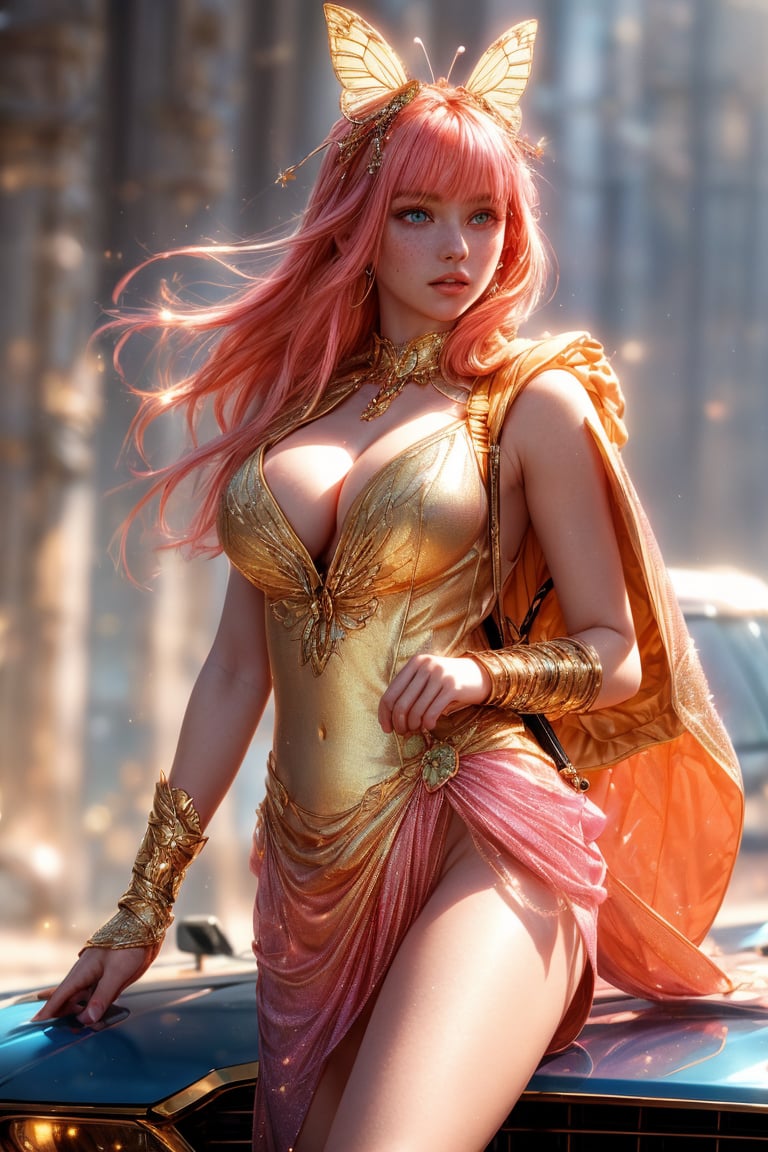 A beautiful girl wearing sleeveless gold armor, cleavage, big breasts, holding a long sword, standing on a rock, repairing, long legs and wearing a butterfly headdress ,A whimsical shot of a young girl with vibrant orange locks and piercing blue eyes, perched atop a sleek ground vehicle, her upper body framed by the opened hood, highlighting her delicate features and sparkling jewelry. She wears a pink hoodie and multicolored outfit, her parted lips slightly puckered, and freckles scattering across her cheeks. The blurred background showcases a bag and backpack at rest, while her bright eyes radiate subtle intensity, drawing the viewer's attention to her captivating presence.