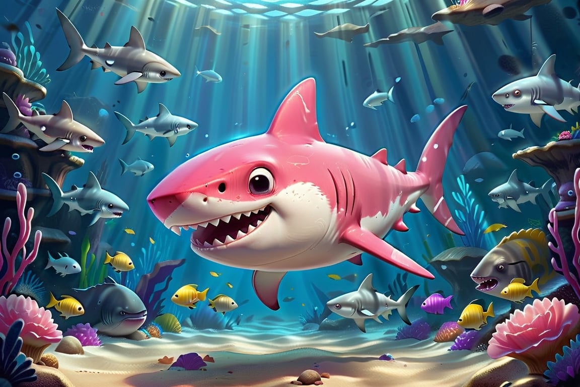 8K,Best quality, masterpiece, ultra-high res, (photorealistic:1.4), Masterpiece, Concept Art,, singleL a very cute cartoon pinky shark in big tank 