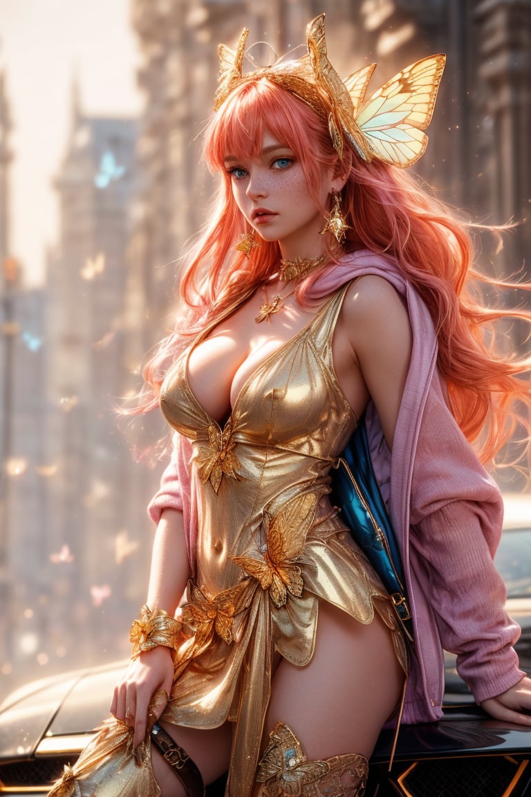 A beautiful girl wearing sleeveless gold armor, cleavage, big breasts, holding a long sword, standing on a rock, repairing, long legs and wearing a butterfly headdress ,A whimsical shot of a young girl with vibrant orange locks and piercing blue eyes, perched atop a sleek ground vehicle, her upper body framed by the opened hood, highlighting her delicate features and sparkling jewelry. She wears a pink hoodie and multicolored outfit, her parted lips slightly puckered, and freckles scattering across her cheeks. The blurred background showcases a bag and backpack at rest, while her bright eyes radiate subtle intensity, drawing the viewer's attention to her captivating presence.