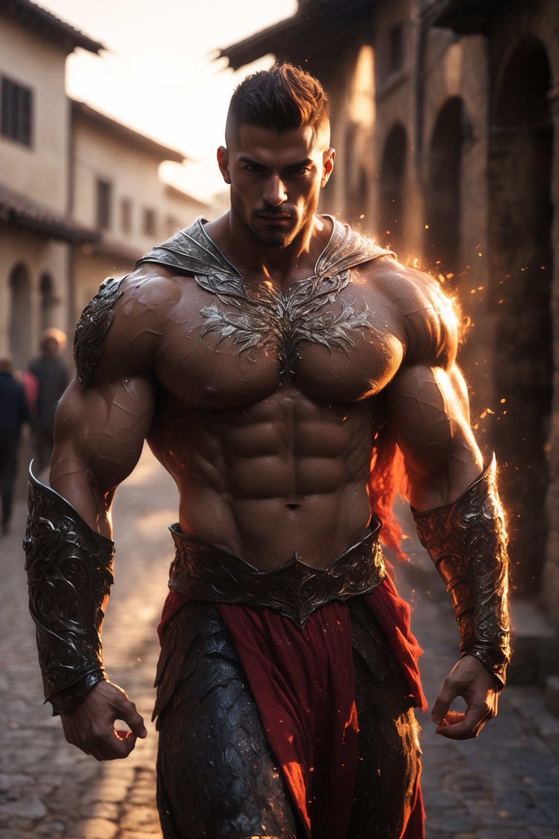 best quality, masterpiece, beautiful and aesthetic, 16K, (HDR:1.4), high contrast, 1male, muscle body, bokeh:1.2, lens flare, (vibrant color:1.4), (muted colors, dim colors, soothing tones:0), cinematic lighting, ambient lighting, sidelighting, Exquisite details and textures, cinematic shot, Warm tone, (Bright and intense:1.2), wide shot, by playai, ultra realistic illustration, siena natural ratio, anime style,