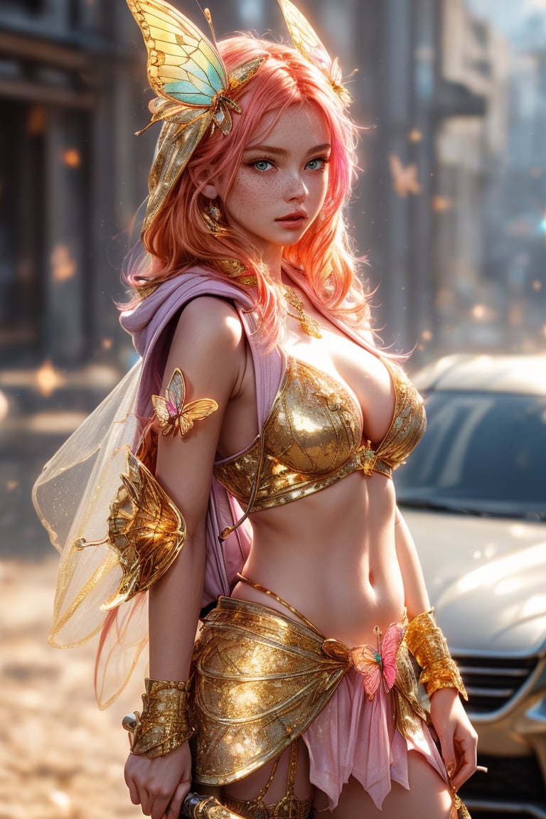 A beautiful girl wearing sleeveless gold armor, cleavage, big breasts, holding a long sword, standing on a rock, repairing, long legs and wearing a butterfly headdress ,A whimsical shot of a young girl with vibrant orange locks and piercing blue eyes, perched atop a sleek ground vehicle, her upper body framed by the opened hood, highlighting her delicate features and sparkling jewelry. She wears a pink hoodie and multicolored outfit, her parted lips slightly puckered, and freckles scattering across her cheeks. The blurred background showcases a bag and backpack at rest, while her bright eyes radiate subtle intensity, drawing the viewer's attention to her captivating presence.