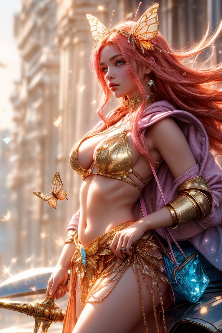 A beautiful girl wearing sleeveless gold armor, cleavage, big breasts, holding a long sword, standing on a rock, repairing, long legs and wearing a butterfly headdress ,A whimsical shot of a young girl with vibrant orange locks and piercing blue eyes, perched atop a sleek ground vehicle, her upper body framed by the opened hood, highlighting her delicate features and sparkling jewelry. She wears a pink hoodie and multicolored outfit, her parted lips slightly puckered, and freckles scattering across her cheeks. The blurred background showcases a bag and backpack at rest, while her bright eyes radiate subtle intensity, drawing the viewer's attention to her captivating presence.