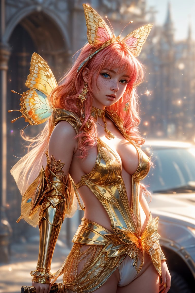 A beautiful girl wearing sleeveless gold armor, cleavage, big breasts, holding a long sword, standing on a rock, repairing, long legs and wearing a butterfly headdress ,A whimsical shot of a young girl with vibrant orange locks and piercing blue eyes, perched atop a sleek ground vehicle, her upper body framed by the opened hood, highlighting her delicate features and sparkling jewelry. She wears a pink hoodie and multicolored outfit, her parted lips slightly puckered, and freckles scattering across her cheeks. The blurred background showcases a bag and backpack at rest, while her bright eyes radiate subtle intensity, drawing the viewer's attention to her captivating presence.