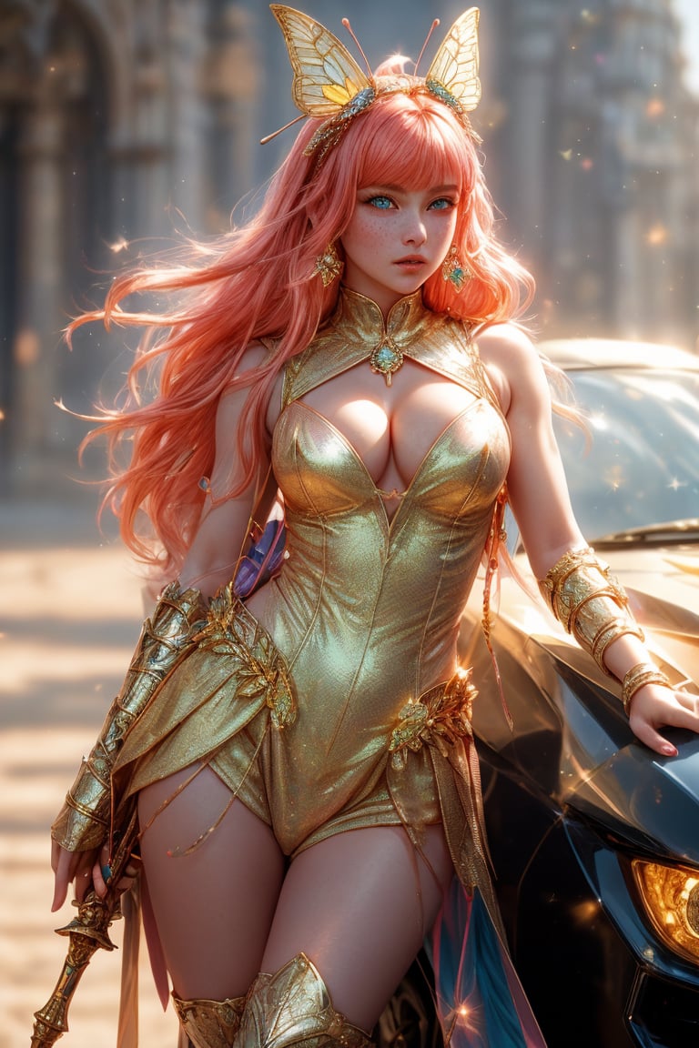 A beautiful girl wearing sleeveless gold armor, cleavage, big breasts, holding a long sword, standing on a rock, repairing, long legs and wearing a butterfly headdress ,A whimsical shot of a young girl with vibrant orange locks and piercing blue eyes, perched atop a sleek ground vehicle, her upper body framed by the opened hood, highlighting her delicate features and sparkling jewelry. She wears a pink hoodie and multicolored outfit, her parted lips slightly puckered, and freckles scattering across her cheeks. The blurred background showcases a bag and backpack at rest, while her bright eyes radiate subtle intensity, drawing the viewer's attention to her captivating presence.