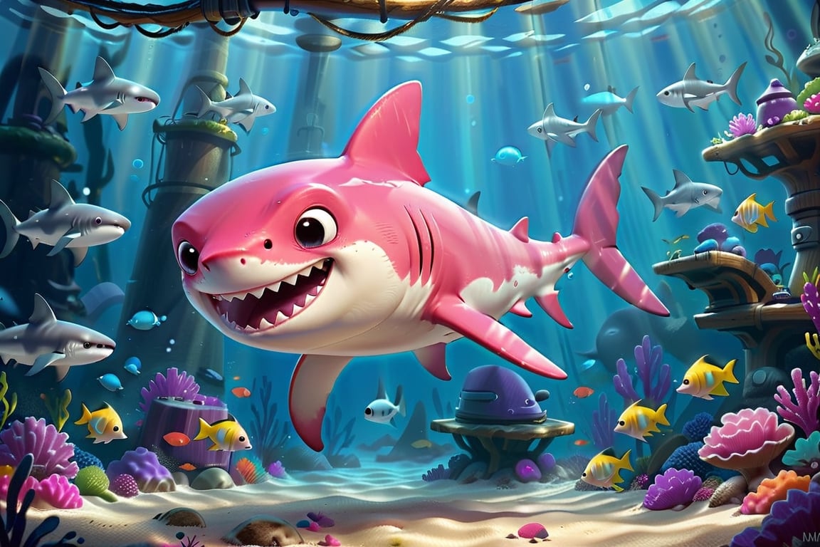 8K,Best quality, masterpiece, ultra-high res, (photorealistic:1.4), Masterpiece, Concept Art,, singleL a very cute cartoon pinky shark in big tank 