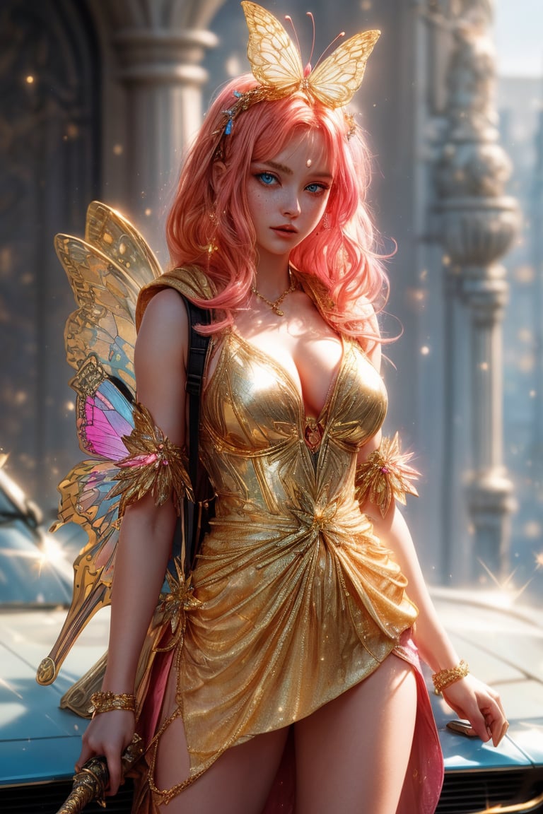 A beautiful girl wearing sleeveless gold armor, cleavage, big breasts, holding a long sword, standing on a rock, repairing, long legs and wearing a butterfly headdress ,A whimsical shot of a young girl with vibrant orange locks and piercing blue eyes, perched atop a sleek ground vehicle, her upper body framed by the opened hood, highlighting her delicate features and sparkling jewelry. She wears a pink hoodie and multicolored outfit, her parted lips slightly puckered, and freckles scattering across her cheeks. The blurred background showcases a bag and backpack at rest, while her bright eyes radiate subtle intensity, drawing the viewer's attention to her captivating presence.