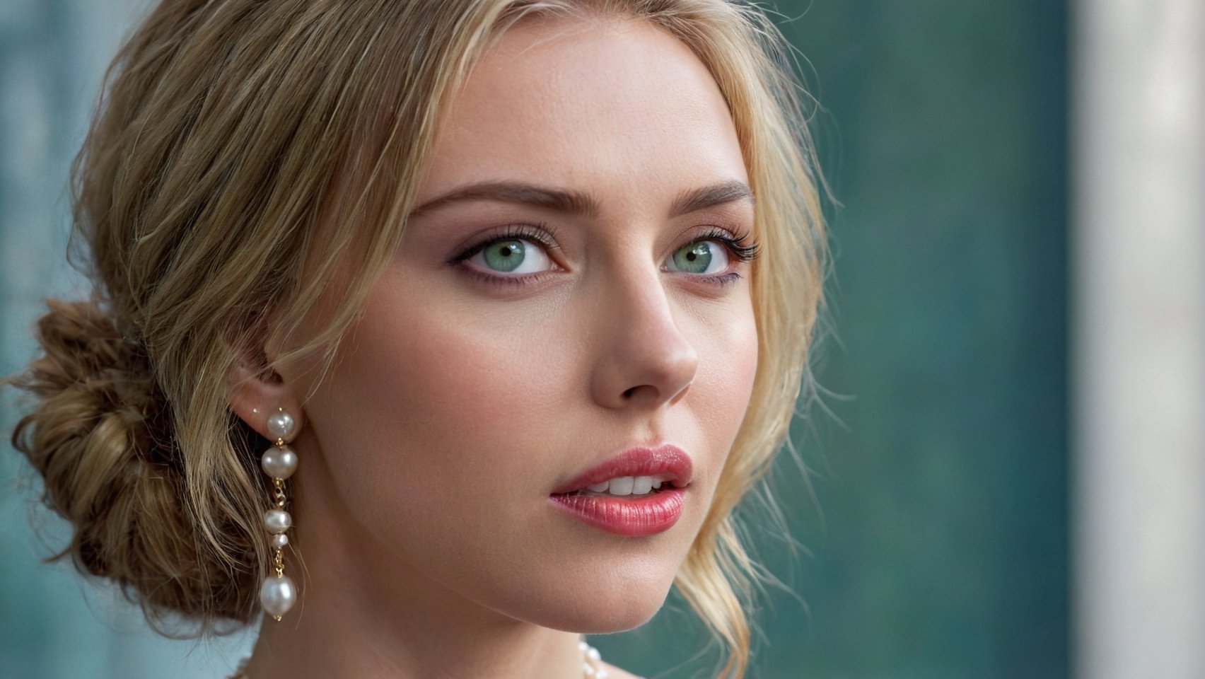 masterpiece, best quality, cinematic, volumetric lighting, very detailed, high resolution, sharp, sharp image, 4k, 8k, 35 mm, 
, 1girl, scarlettjohansson-smf, jewelry, blonde hair, earrings, solo, necklace, realistic, portrait, lips, blurry, makeup, teeth, blue eyes, pearl necklace, blurry background, lipstick, parted lips, green eyes, long hair,
,ultra 8k