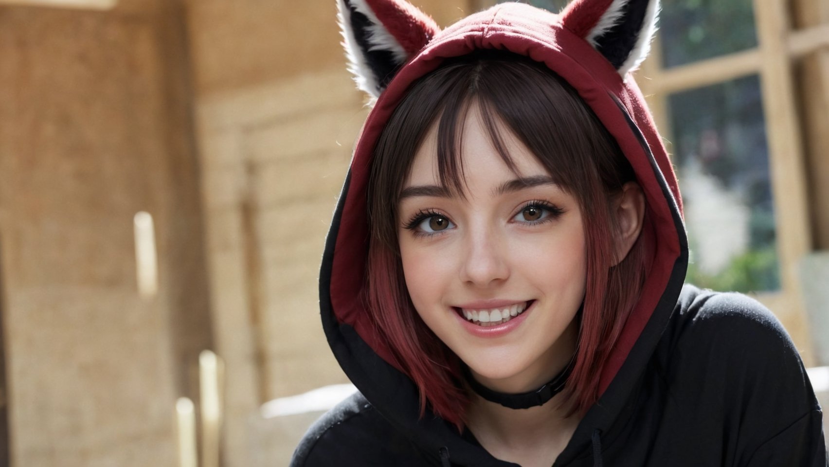 1girl, solo, long hair, blush, smile, open mouth, bangs, black hair, hair ornament, long sleeves, animal ears, hair between eyes, closed eyes, upper body, :d, red hair, multicolored hair, choker, hairclip, virtual youtuber, hood, blurry, streaked hair, animal ear fluff, hoodie, blurry background, ^_^, fangs, black choker, wolf ears, hood down, animal print, facing viewer, wolf girl, black hoodie, white hoodie, ookami mio,8k