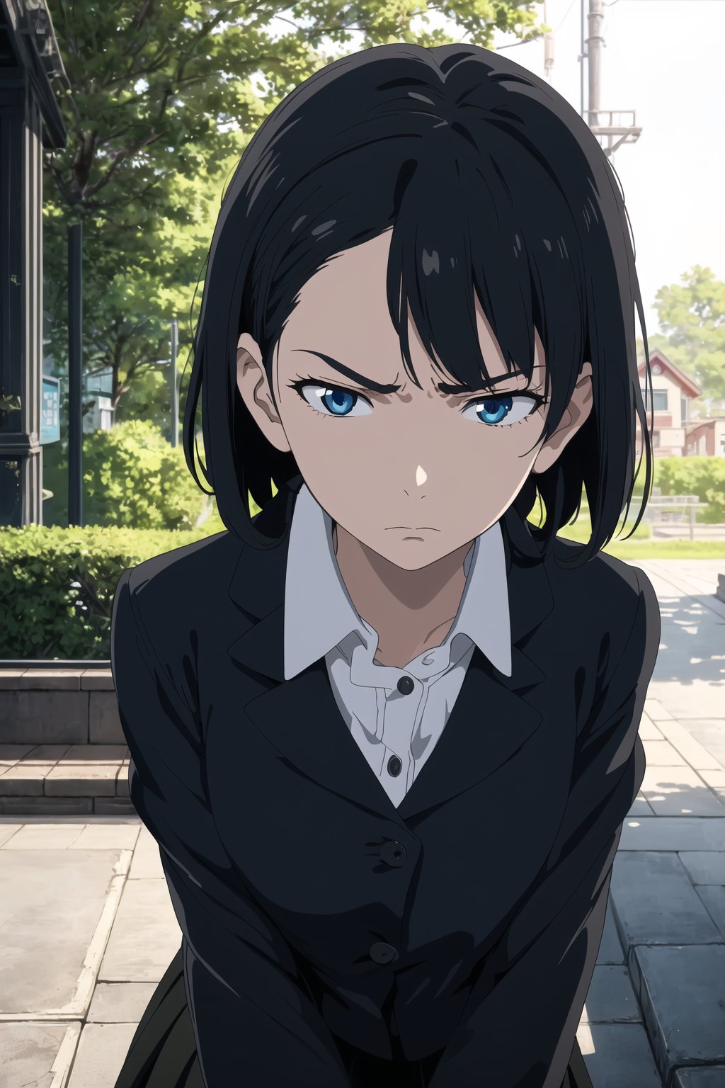 The memory of Marnie, studio ghibli, masterpiece, best quality, 1 girl, 18 years old, short hair, black hair, blue eyes, Leaning against a tree, looking straight ahead, annoyed, in a black school uniform, black skirt, adding a touch of fantasy and charm, portrait, realistic, side lighting, wallpaper, not suitable for minors