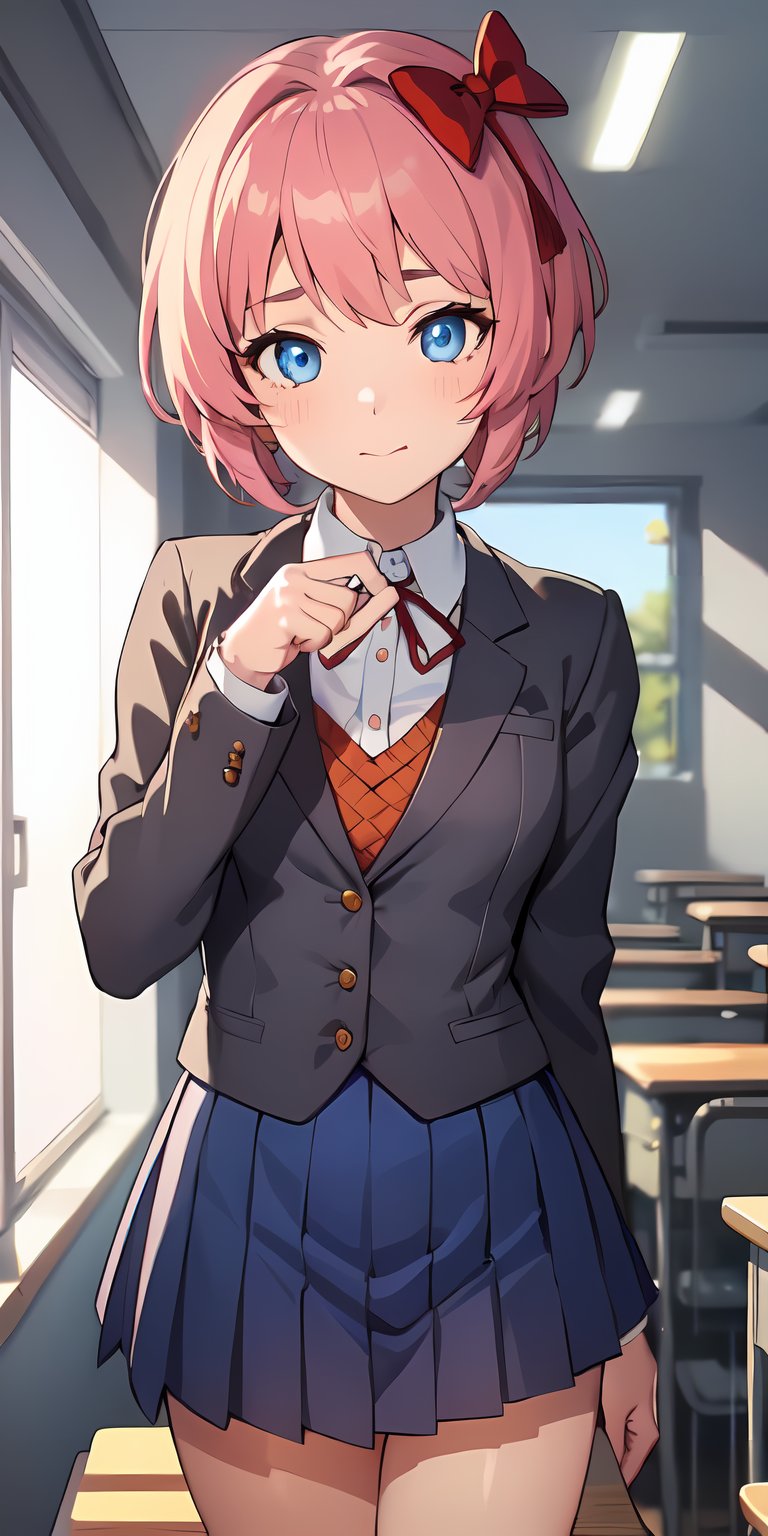 1girl, masterpiece, best quality, anime, highly detailed, solo, 4k, beautiful face,Full Clothes, bright face, high_resolution_face , ((cute face quality)), ((Beautiful eyes)), ((4K Eyes)), show face quality,((torso trunk)), school uniform, standing, classroom, sayori, blue eyes, pink hair, hair bow, red bow