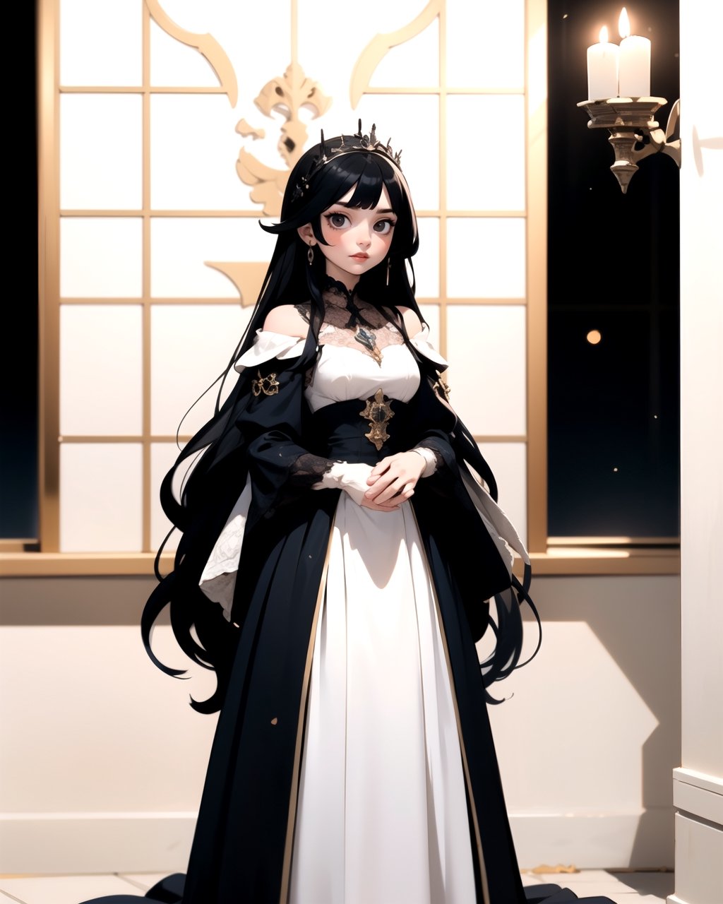 Focused, Upper body, Standing, | masterpiece, | (black eyes), (bright eyes: 1.1), bright red eyes, | 1 girl, vampire, (lonely), very long hairstyle, (black hair color: 1.2), | Spanish princess dress, white background, dark blue, seethru, medieval style, in a medieval room, | bokeh, depth of field, full body, white background