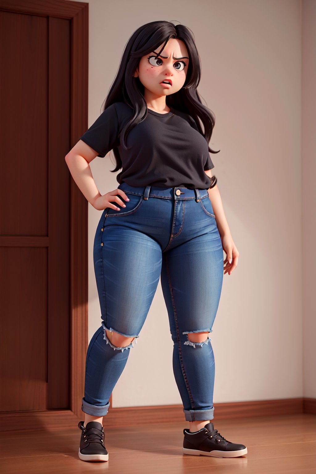 seed: 3173833613, sofia perez torres, masterpiece, high quality, best quality, 1 girl, 14 years old, ((black hair)), long hair, black eyes, full body, fat, dark blue shirt, (((black and dark jeans))), obese, angry