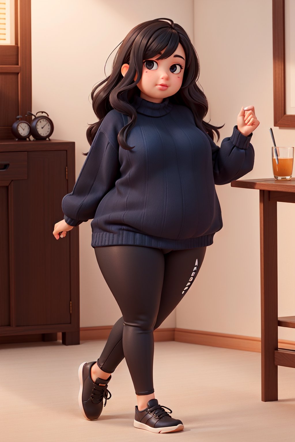 seed: 3173833613, sofia perez torres, masterpiece, perfect fat legs, high quality, best quality, 1 girl, 14 years old, ((black hair)), long hair, black eyes, full body, fat, dark blue sweater, leggings black, obese