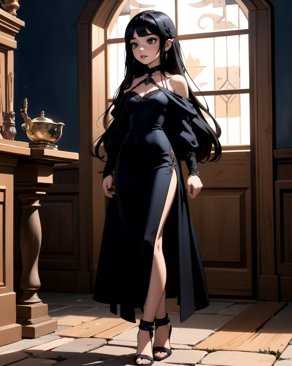 Focused, Upper body, Standing, | masterpiece, | (black eyes), (bright eyes: 1.1), bright black eyes, | 1 girl, vampire, (lonely), very long hairstyle, (black hair color: 1.2), | Spanish princess dress, dark blue, seethru, medieval style, in a medieval room, | bokeh, depth of field, full body