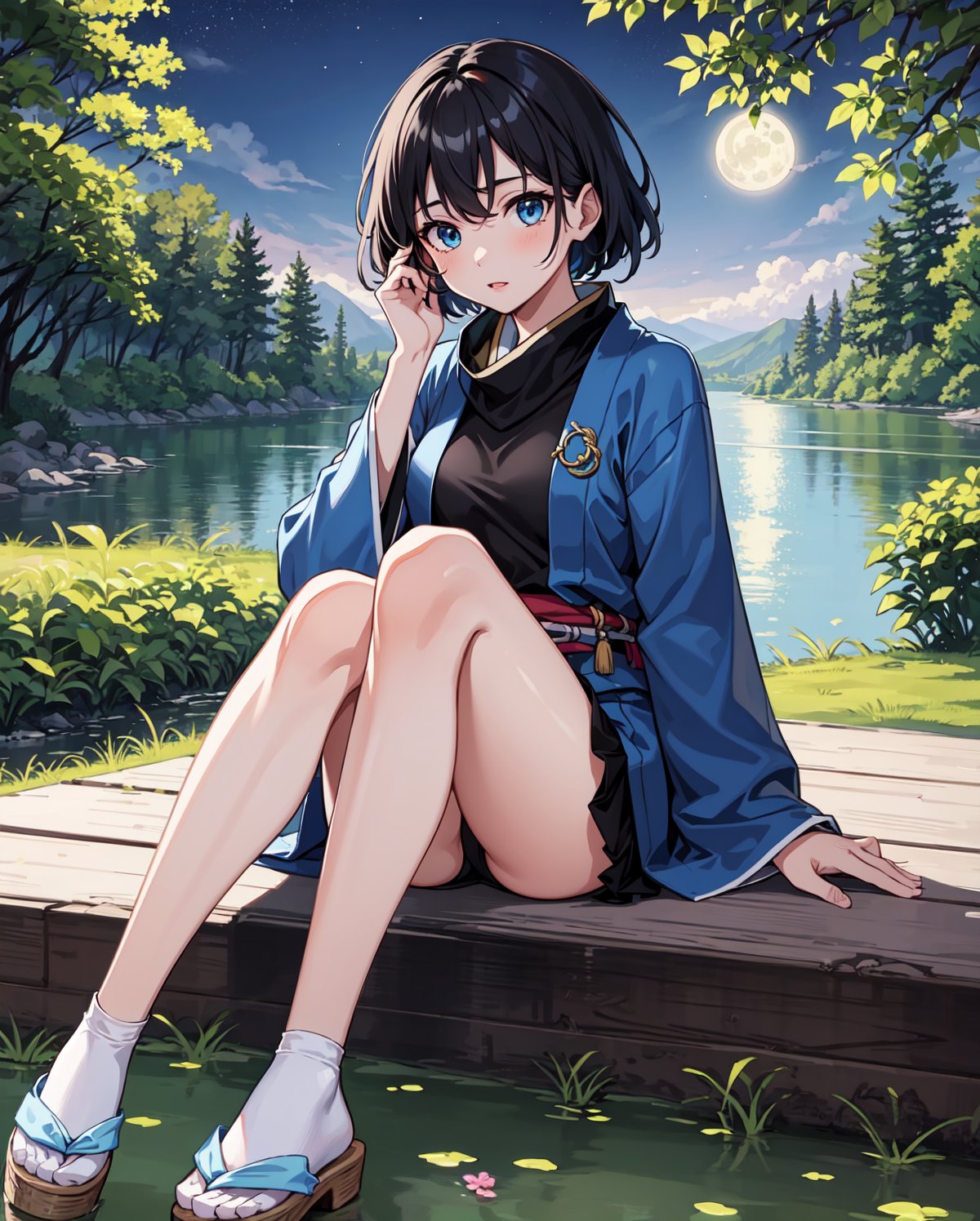 Here is the translation into English:

1 girl, (masterpiece), best quality, {tight long stockings} {{blue eyes}} {{black hair}}, {{short hair}}{{ fringe}}{{ japanese blue jacket on top of kimono }} { black ninja scarf} high quality, high detail, perfect body, perfect face, highly detailed face, realistic face, nice body,  
tight long stockings, 
arm armor,small breasts, woman, light-skinned female , light-skinned, plain kimono clothing, white kimono, japanese jacket, 
loose large plain jacket, knee length jacket, open jacket, blue jacket, blue haori, sitting by a lake under a tree, evening in the garden, detailed background, blurred background, female focus,dim lighting, moonlight, light particles, full moon, night, dark night