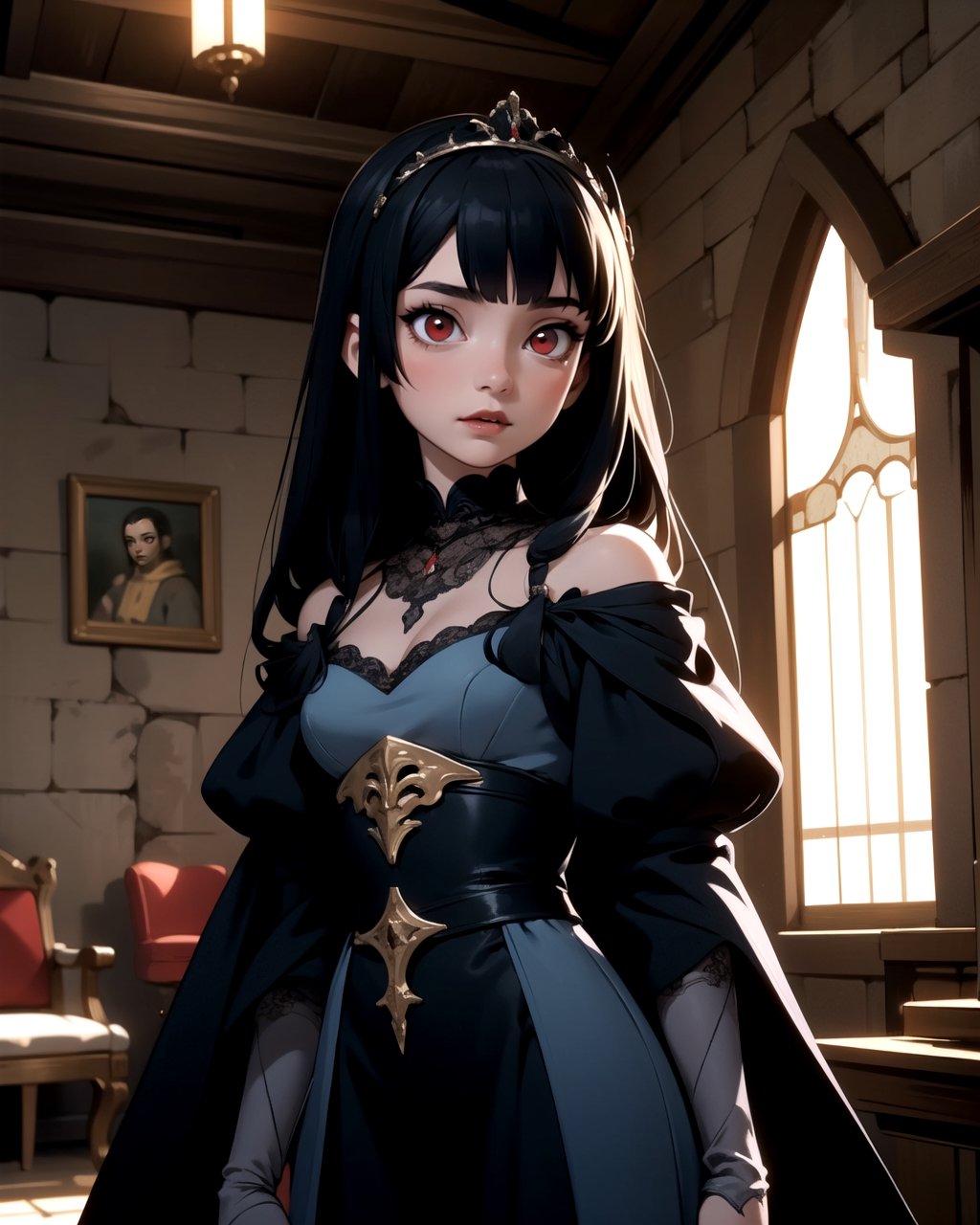 Centered, Upper Body, Standing, | masterpiece, | (red eyes), (bright eyes: 1.1), bright red eyes, | 1 girl, vampire, (lonely), very long hairstyle, (black hair color: 1.2), | Spanish, dark blue princess dress, seethru, edieval style, in a medieval room, | bokeh, depth of field,