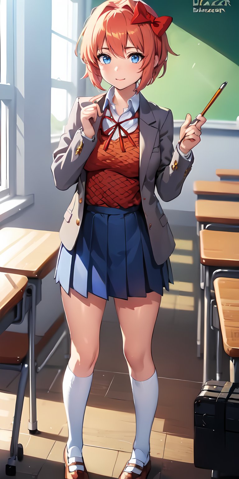 1girl, masterpiece, best quality, anime, highly detailed, solo, 4k, beautiful face,Full Clothes, bright face, high_resolution_face , ((cute face quality)), ((Beautiful eyes)), ((4K Eyes)), show face quality,((torso trunk)), ((school uniform)), standing, classroom, sayori, blue eyes, pastel orange hair, hair bow, red bow, bow, ribbon, jacket, kneehighs, uwabaki, looking at viewer, blazar, shirt, short hair, shoes, long sleeves, pleated skirt, white socks