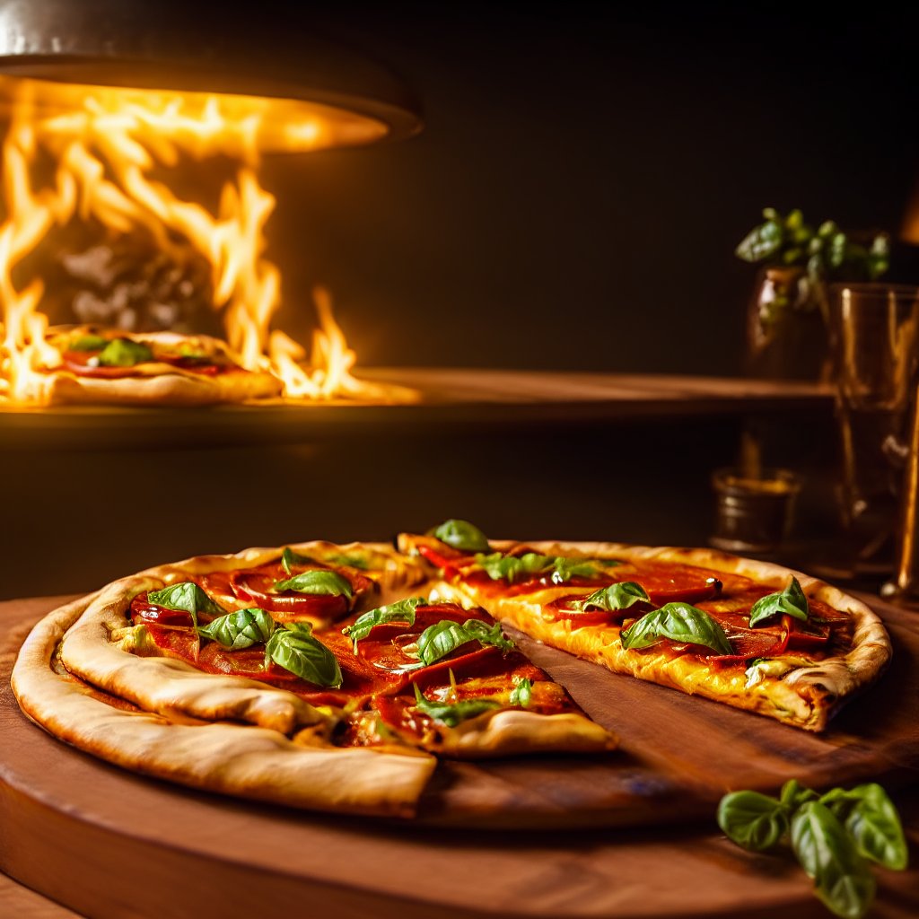 centered, a hot delicious Mediterranean pizza on a wooden platter, hot pizza oven in the background, warm bar lighting, | depth of field, golden hour, | smooth detailed shadows, hyperealistic shadows, (saturated colors:1.2) | (game cg, unreal engine, pixar style), (3d model),