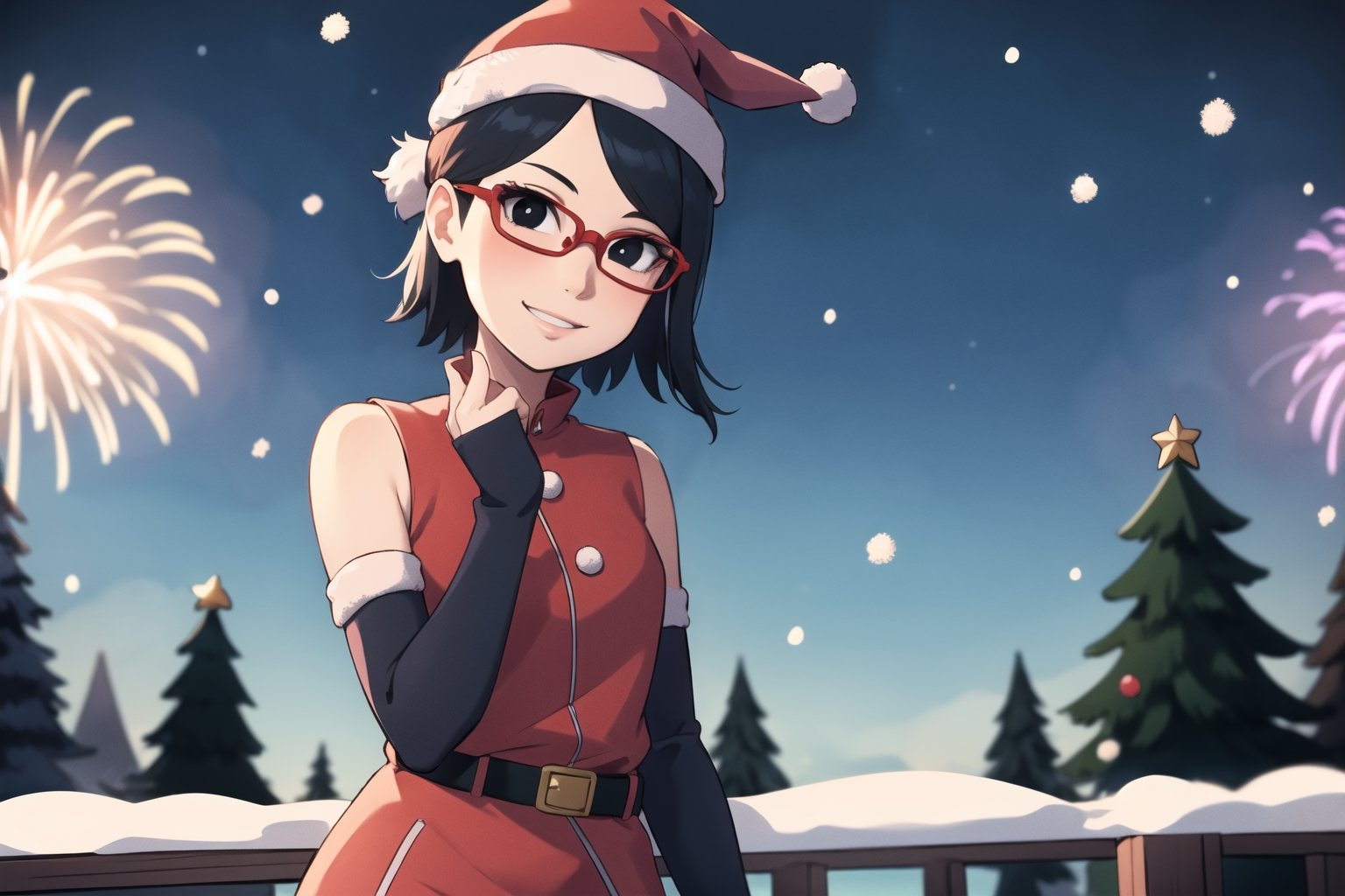 masterpiece, 1 girl, alone, black hair, short hair, black eyes, cowboy shot, standing, smile, red christmas outfit, red santa hat, black arm warmers, looking at viewer, outdoors, snowing, at night, fireworks in the sky, red-rimmed glasses, glasses, head tilt, facing viewer,