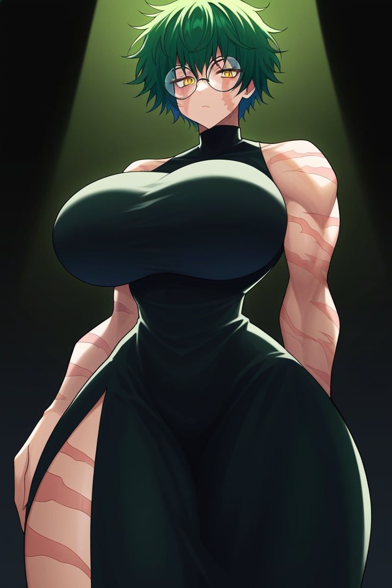 Maki zenin, 1 girl, solo, glasses, scar, (giant breasts: 1.3), narrow waist, thick thighs, heavy butt, big ass, strong, muscular, narrow waist, round glasses, hair short, messy hair, green hair, yellow eyes, tall body, long black dress, black high neck dress, sleeveless, black background