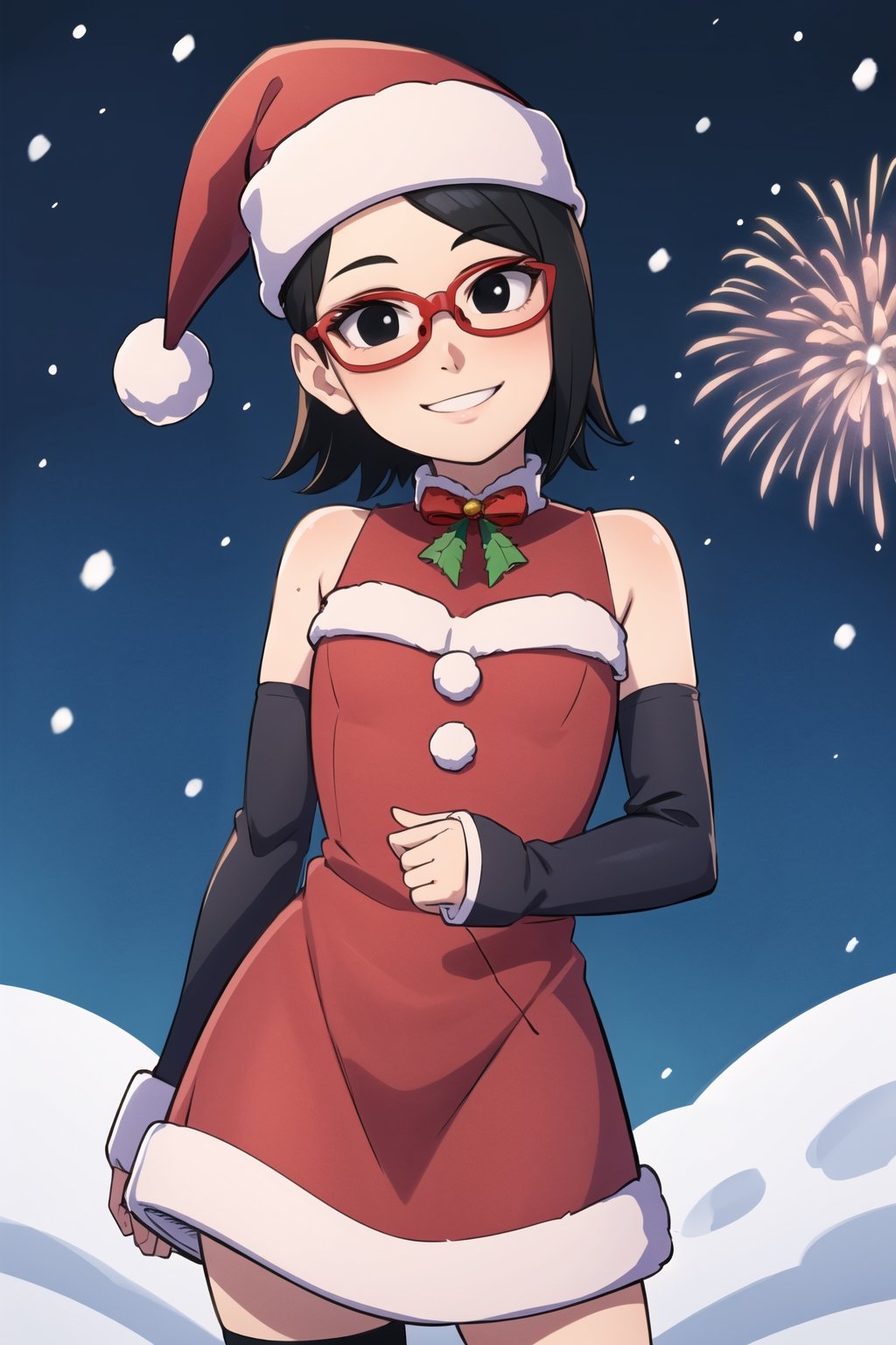 masterpiece, 1 girl, alone, black hair, short hair, black eyes, cowboy shot, standing, smile, red christmas outfit, red santa hat, black arm warmers, looking at viewer, outdoors, snowing, at night, fireworks in the sky, red-rimmed glasses, glasses, head tilt, facing viewer,