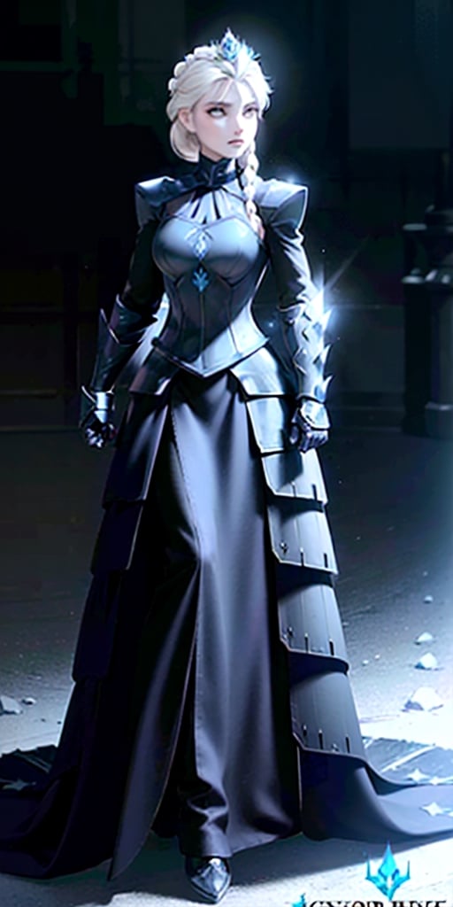 Elsa, black dress, ((armor, armored dress, black dress, gauntlets)), ice, snow, winter, spear, holding spear, crown, evil, close-up, standing, full body, cowboy photo, (hips wide: 1.1), narrow waist, huge neckline, voluptuous, curvy