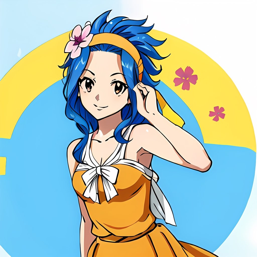 ((masterpiece)), (best quality), (absurdres), ,  levy mcgarden, 1girl, blue hair, hairband, hair flower, smile, brown eyes, orange dress, colarbone, side view,Levy