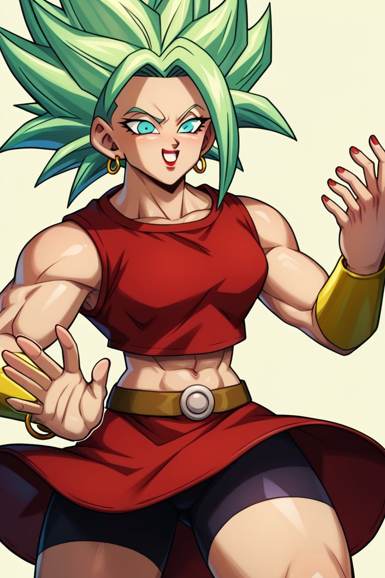 Score_9, Score_8_up, Score_7_up, BREAK, KaleSDXL, 1girl, solo, green hair, spiky hair, super saiyan, aquamarine eyes, red lipstick, brunette, muscular, huge, red top, sleeveless, exposed navel, hoop earrings, bracelets gold, red short skirt, shorts, bike shorts, underskirt shorts, underskirt bike shorts