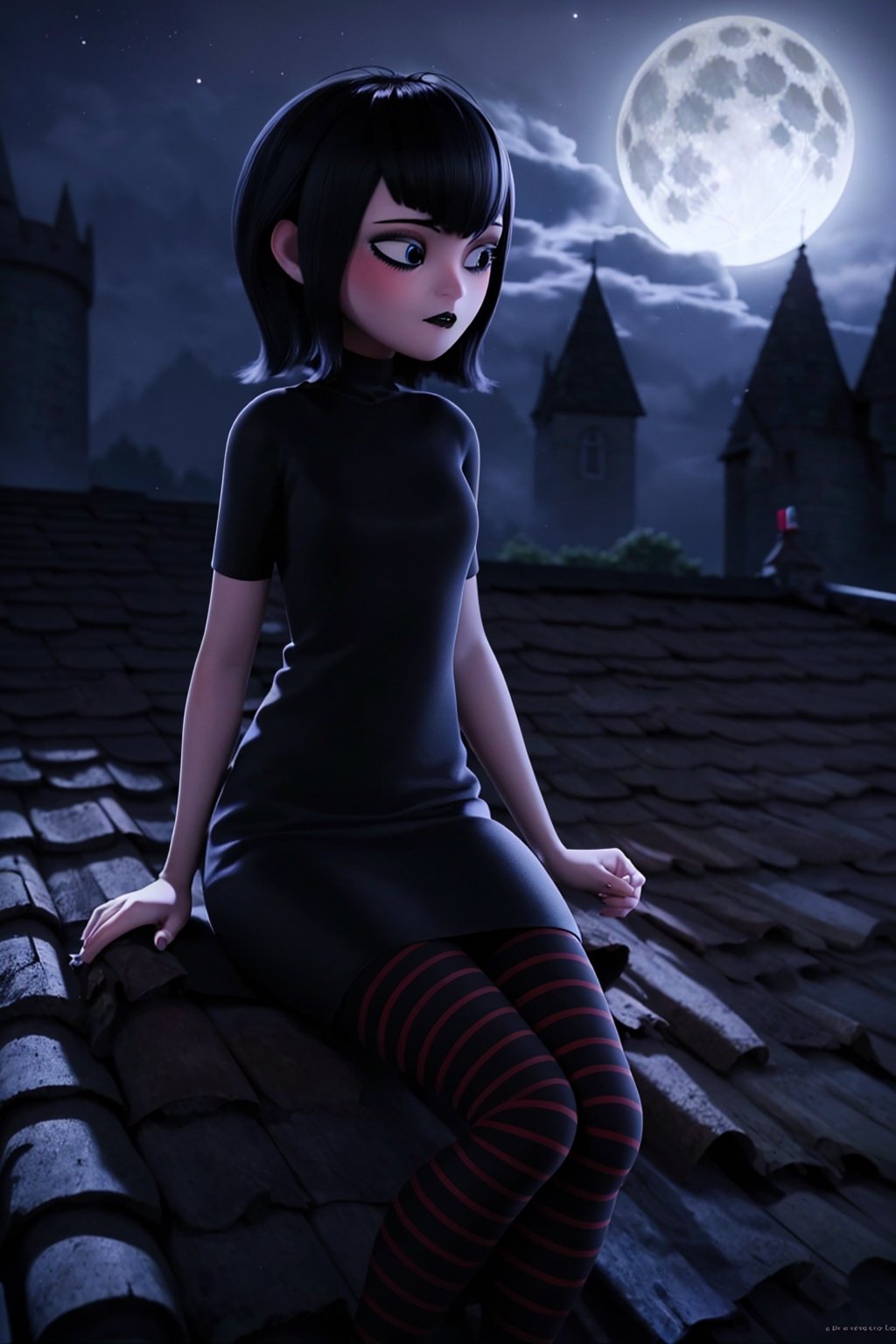 mevis, 1 girl, short hair, sad, black hair, individual focus, black eyes, makeup, lipstick, black lips, MAVIS DRACULA, short black dress, black tights with red stripes, outside, night, dark sky, full moon, fog, castle roof, sitting, (wide hips: 1.1), narrow waist,