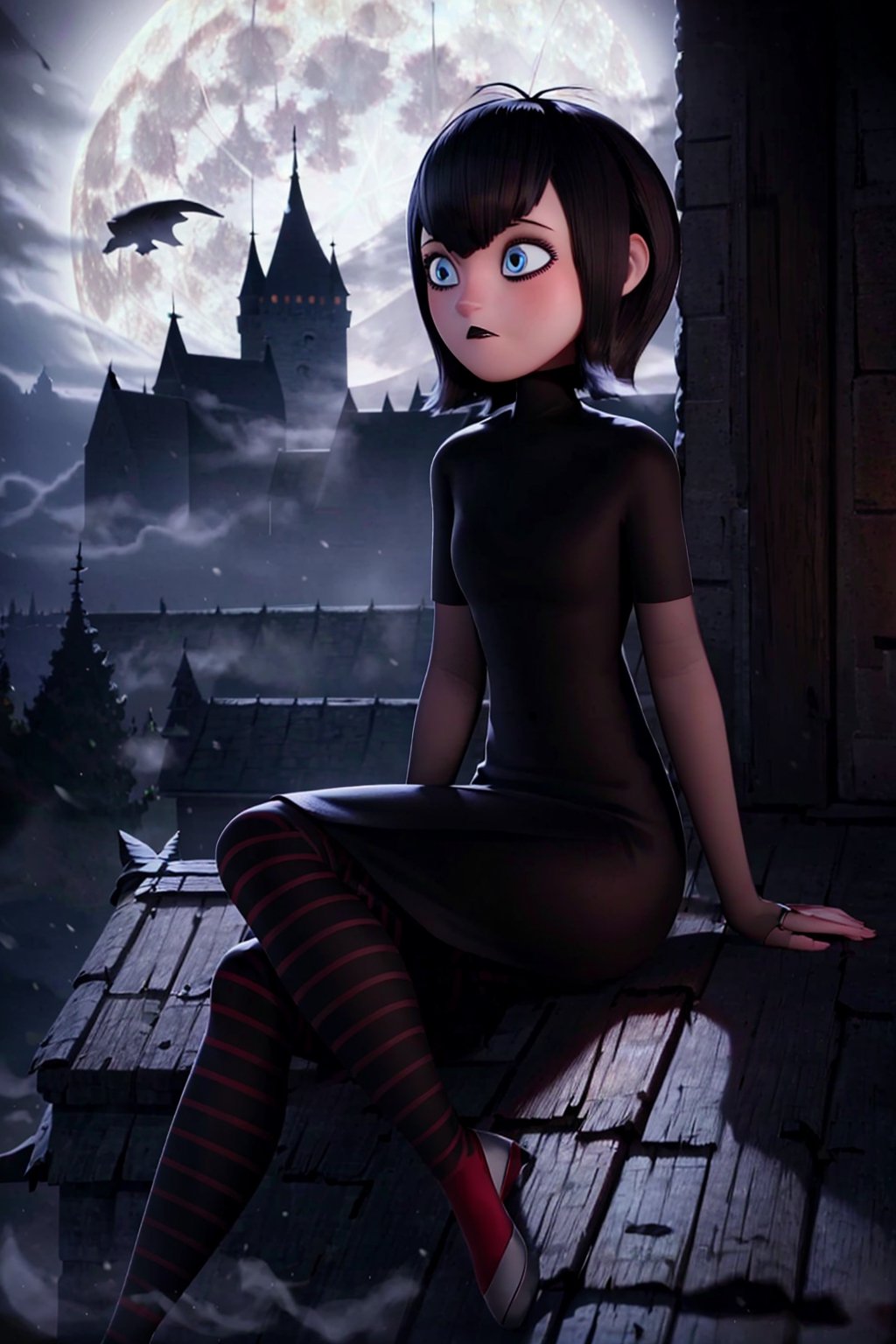 mevis, 1 girl, alone, short hair, sad, black hair, individual focus, blue eyes, makeup, lipstick, black lips, MAVIS DRACULA, short black dress, black tights with red stripes, outside, night, dark sky, full moon, fog, castle roof, sitting,mavis dracula