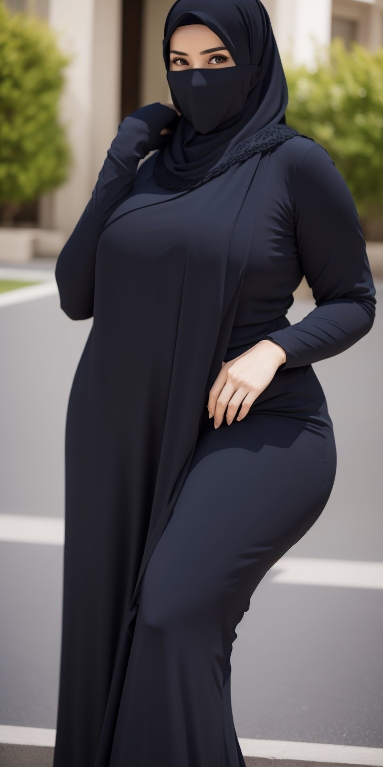 masterpiece, 1 girl, alone, mature woman, milf, 49 years old, brown eyes, (long black dress), slim dress, long sleeves, (black hijab), covered mouth, covered forehead, (wide hips: 1.1), narrow waist, voluptuous , curvy, (giant breasts: 1.1), giant hips, wide hips, thick thighs, (huge thighs: 1.3),venusbody,hijab,veil