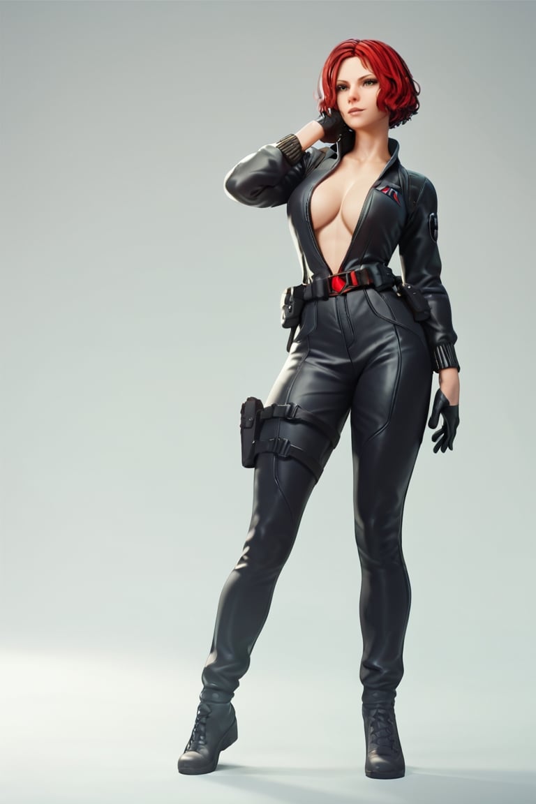 (score_9, Score_8_up), Score_7_up, Score_6_up, Score_5_up, Score_4_up, Black Widow, red hair, short hair, black jumpsuit, full jumpsuit, V neckline, black long sleeves, resting arms, black gloves, tactical belt, full body, standing