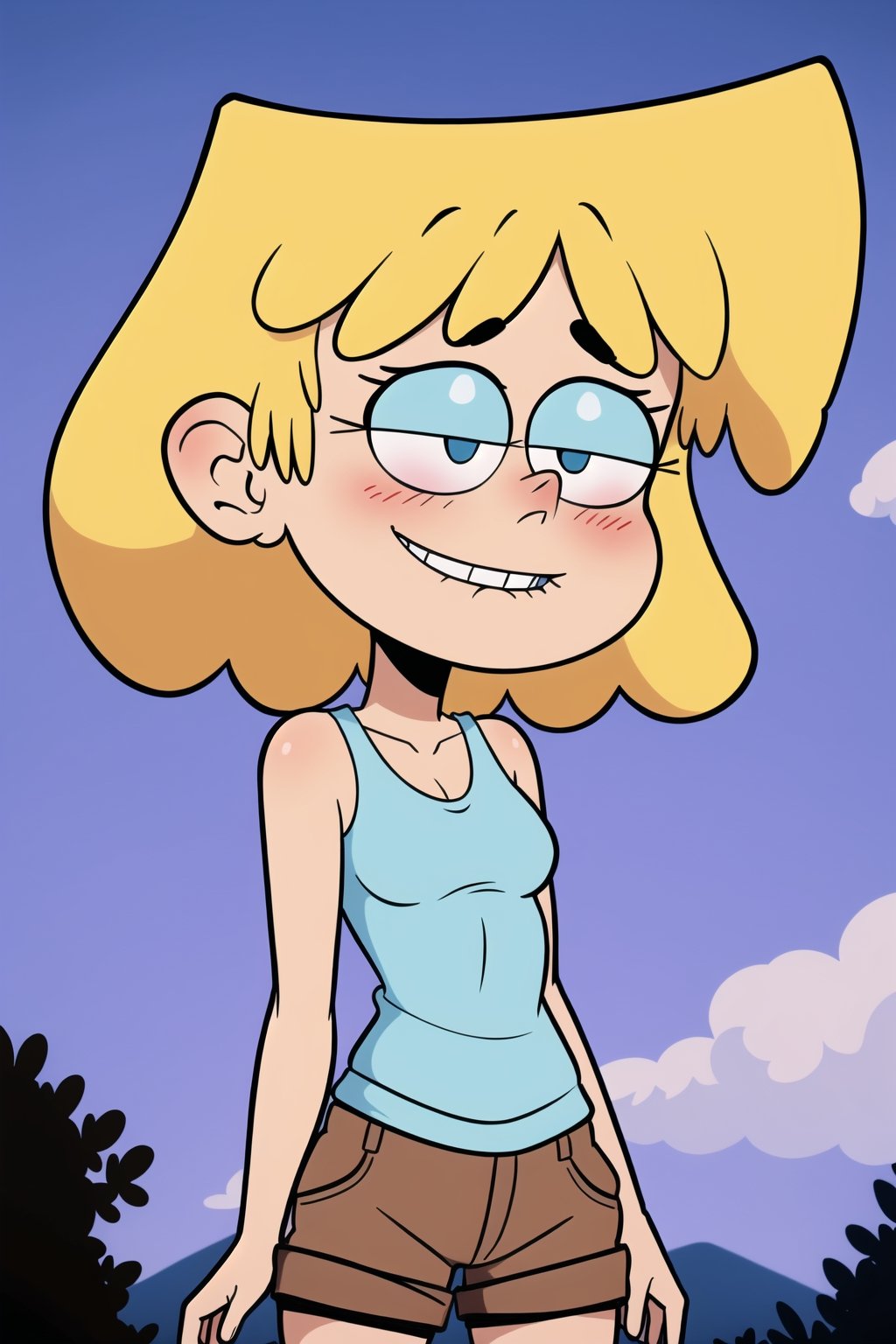 ((masterpiece, best quality)), solo, 1 girl, loriloud, lori strong, high resolution, blonde hair, short hair, detailed, soft lighting, (outdoor, brown shorts, blue tank top, sleeveless), depraved smile, flirtatious eyes, blush