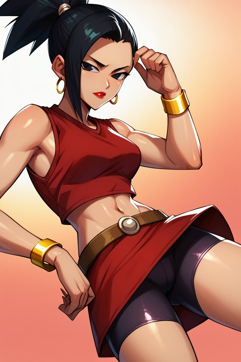 Score_9, Score_8_up, Score_7_up, BREAK, KaleSDXL, 1girl, solo, black hair, hair ponytail, black eyes, red lipstick, brunette, red top, sleeveless, exposed navel, hoop earrings, gold bracelets, short red skirt, shorts , bike shorts, underskirt shorts, underskirt bike shorts