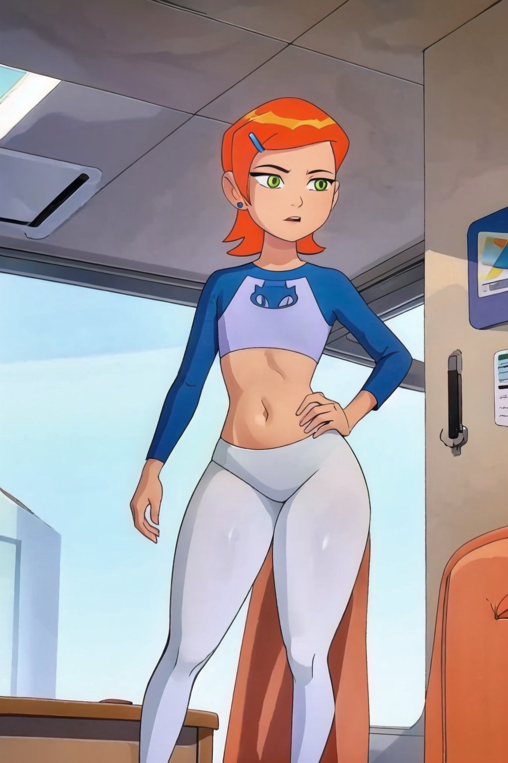 masterpiece, 1 girl, alone, Gwen_Tennyson, ((12 years old)), orange hair, green eyes, short hair, hair clip, raglan sleeves, exposed navel, long sleeves, earrings, ((white legging)), flat chest, small tits , standing, (((front view))), (wide hips: 1.1), narrow waist, giant hips, wide hips, thick thighs (huge thighs :1.3) inner office (office), wide hips,