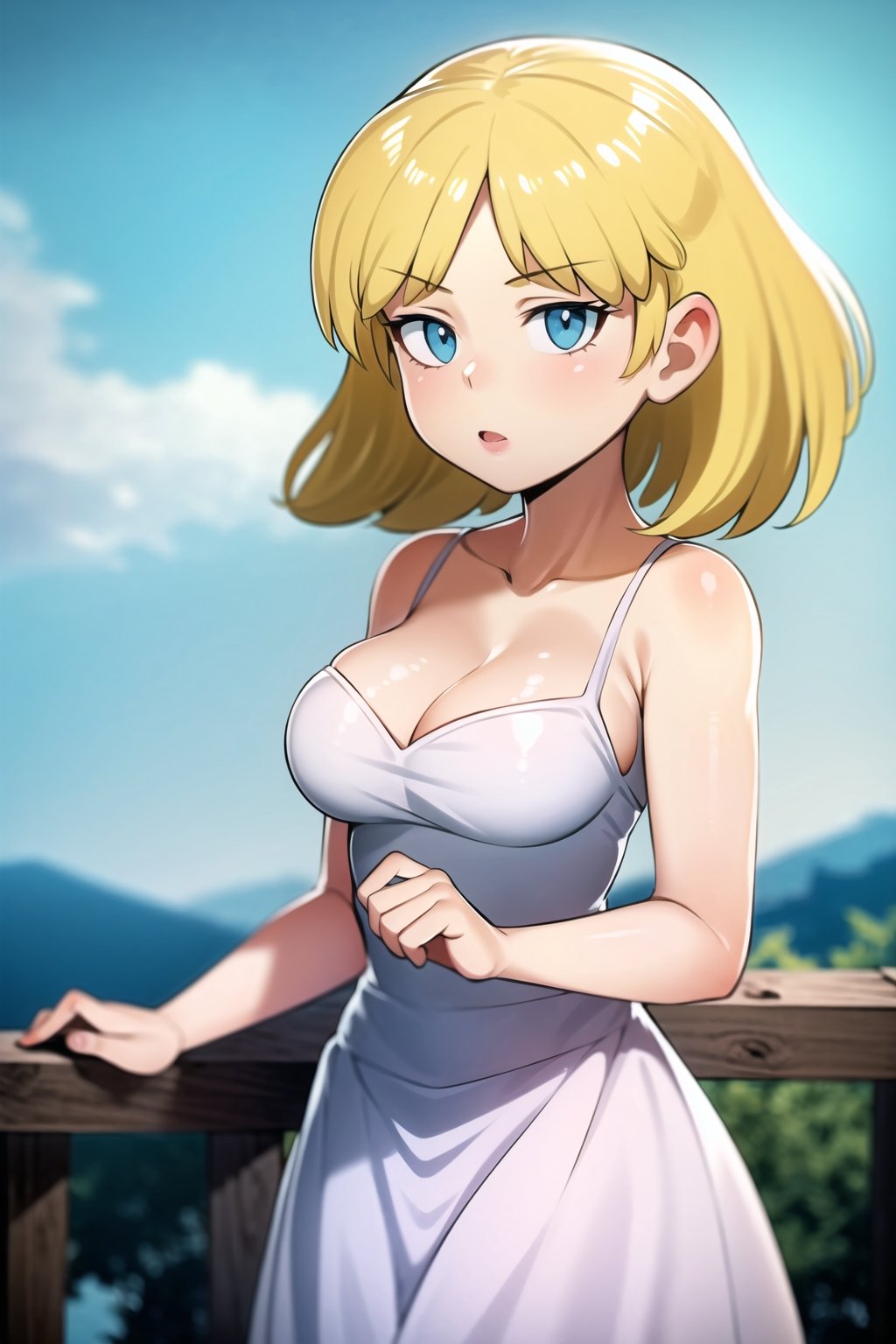 ((masterpiece, best quality)),solo,1girl, loriloud, lori loud, highres, blonde hair, short_hair, detailed, soft lighting, outdoors, white dress, cleavage