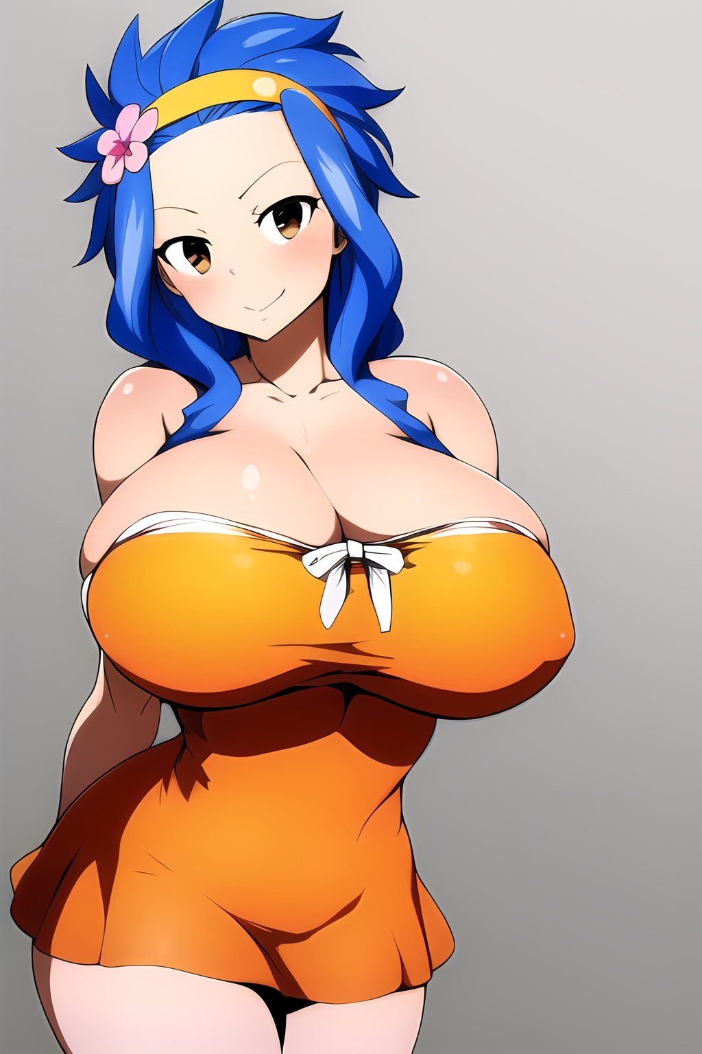 ((masterpiece)), (best quality), (absurdres), ,  levy mcgarden, 1girl, blue hair, hairband, hair flower, smile, brown eyes, orange dress, colarbone, side view,Levy,Sexy Big Breast