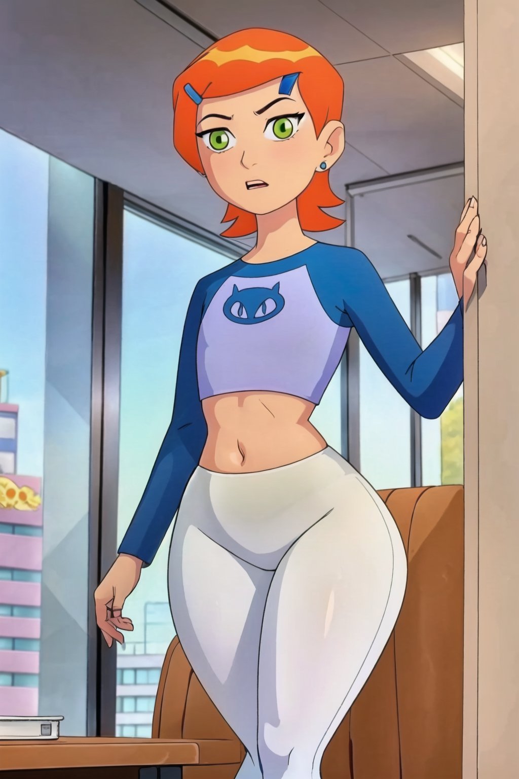 masterpiece, 1 girl, alone, Gwen_Tennyson, ((12 years old)), orange hair, green eyes, short hair, hair clip, raglan sleeves, exposed navel, long sleeves, earrings, ((white legging)), flat chest, small tits , standing, (((front view))), (wide hips: 1.1), narrow waist, giant hips, wide hips, thick thighs (huge thighs :1.3) inner office (office), wide hips,wide hips,1girl,Solo