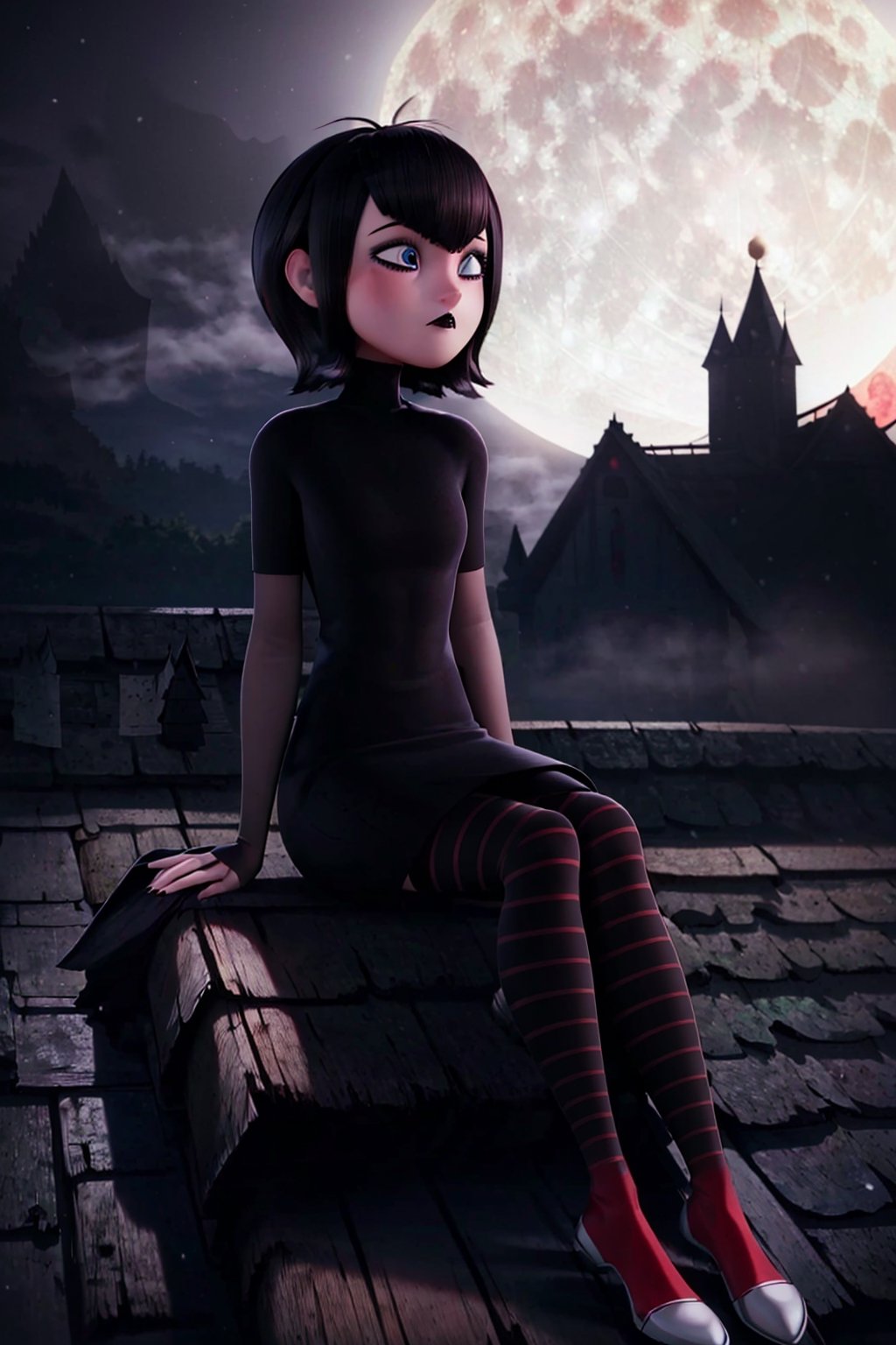 mevis, 1 girl, alone, short hair, sad, black hair, individual focus, black eyes, makeup, lipstick, black lips, MAVIS DRACULA, short black dress, black tights with red stripes, outside, night, dark sky, full moon, fog, castle roof, sitting,mavis dracula