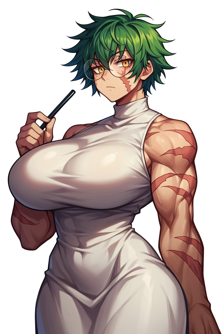 score_9,score_8_up,score_7_up,score_6_up, maki zenin, 1 girl, alone, glasses, scar, (giant breasts: 1.3), strong, muscular, narrow waist, round glasses, short hair, messy hair, green hair, yellow eyes, body tall, long dress, black turtleneck dress, sleeveless, white background,