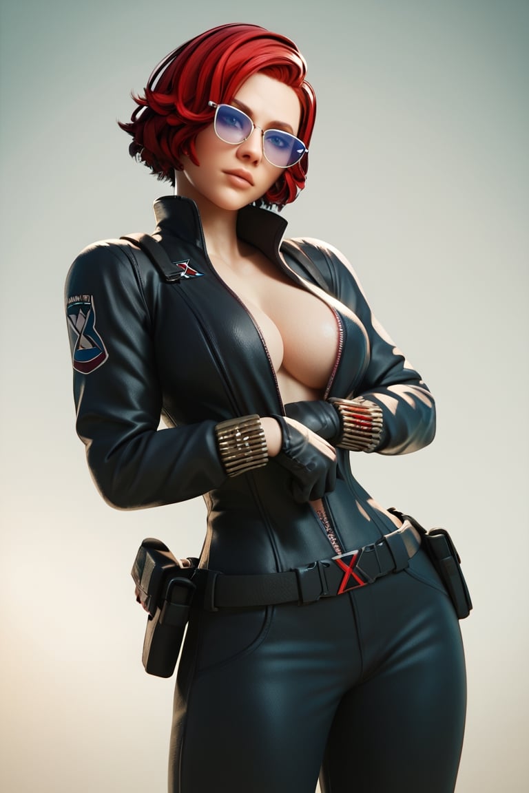 (score_9, Score_8_up), Score_7_up, Score_6_up, Score_5_up, Score_4_up, Black Widow, red hair, short hair, black jumpsuit, full jumpsuit, V neckline, black long sleeves, resting arms, black gloves, tactical belt, standing