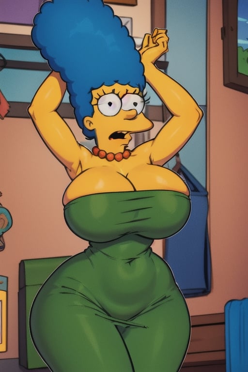 Marge Simpson, solo, afro, thick, (wide hips:1.1), narrow waist, huge cleavage, thigh gap, voluptuous, curvy,  ,marge simpson, ((green dress)), (short dress), looking at viewer, eyeballs, round eyes, simple Pupils ,red necklace,venusbody,yellow skin