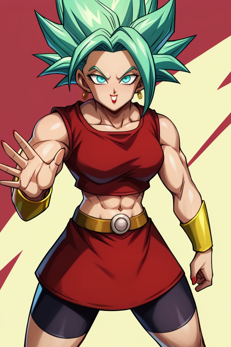 Score_9, Score_8_up, Score_7_up, BREAK, KaleSDXL, 1girl, solo, green hair, spiky hair, super saiyan, aquamarine eyes, red lipstick, brunette, muscular, huge, red top, sleeveless, exposed navel, hoop earrings, bracelets gold, red short skirt, shorts, bike shorts, underskirt shorts, underskirt bike shorts,Kalesdxl