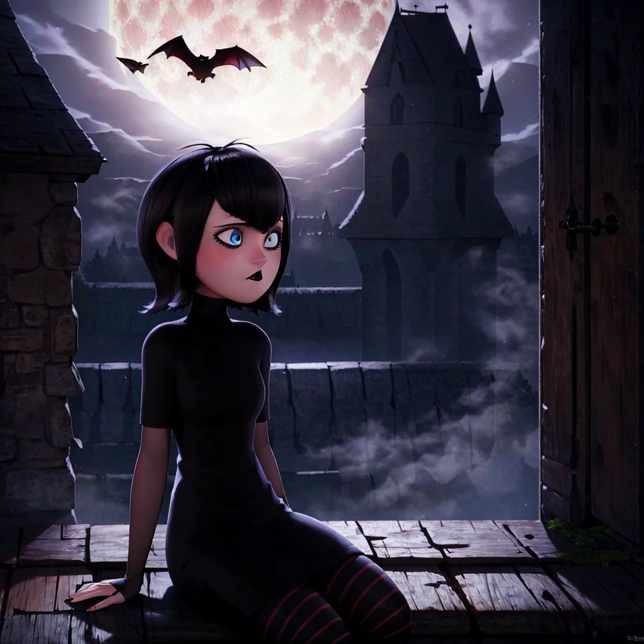 mevis, 1 girl, alone, short hair, sad, black hair, individual focus, blue eyes, makeup, lipstick, black lips, MAVIS DRACULA, short black dress, black tights with red stripes, outside, night, dark sky, full moon, fog, castle roof, sitting,mavis dracula