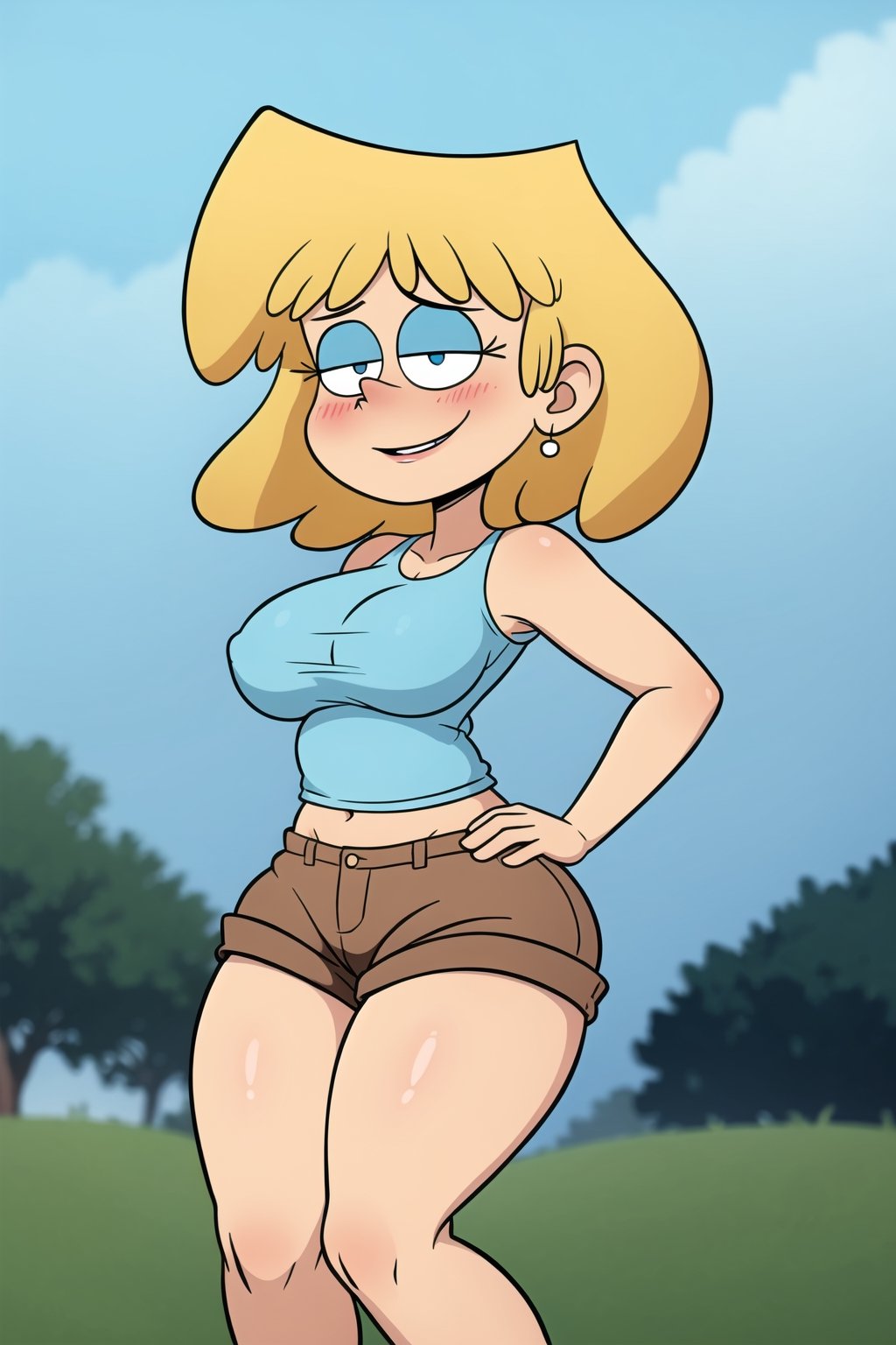 ((masterpiece, best quality)), solo, 1 girl, loriloud, lori strong, high resolution, blonde hair, short hair, detailed, soft lighting, (outdoor, brown shorts, blue tank top, sleeveless), depraved smile, flirtatious eyes, blush, (wide hips: 1.1), narrow waist, small breasts, curvy, giant hips, wide hips, thick thighs, (huge thighs: 1.3),