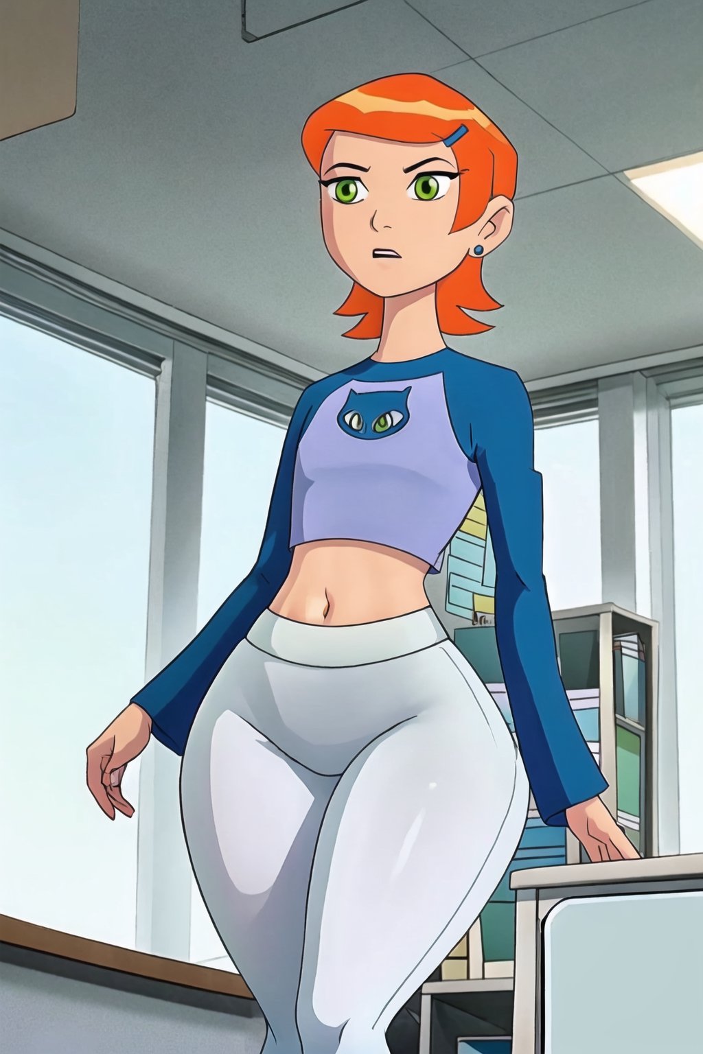 masterpiece, 1 girl, alone, Gwen_Tennyson, ((12 years old)), orange hair, green eyes, short hair, hair clip, raglan sleeves, exposed navel, long sleeves, earrings, ((white legging)), flat chest, small tits , standing, (((front view))), (wide hips: 1.1), narrow waist, giant hips, wide hips, thick thighs (huge thighs :1.3) inner office (office), wide hips,wide hips