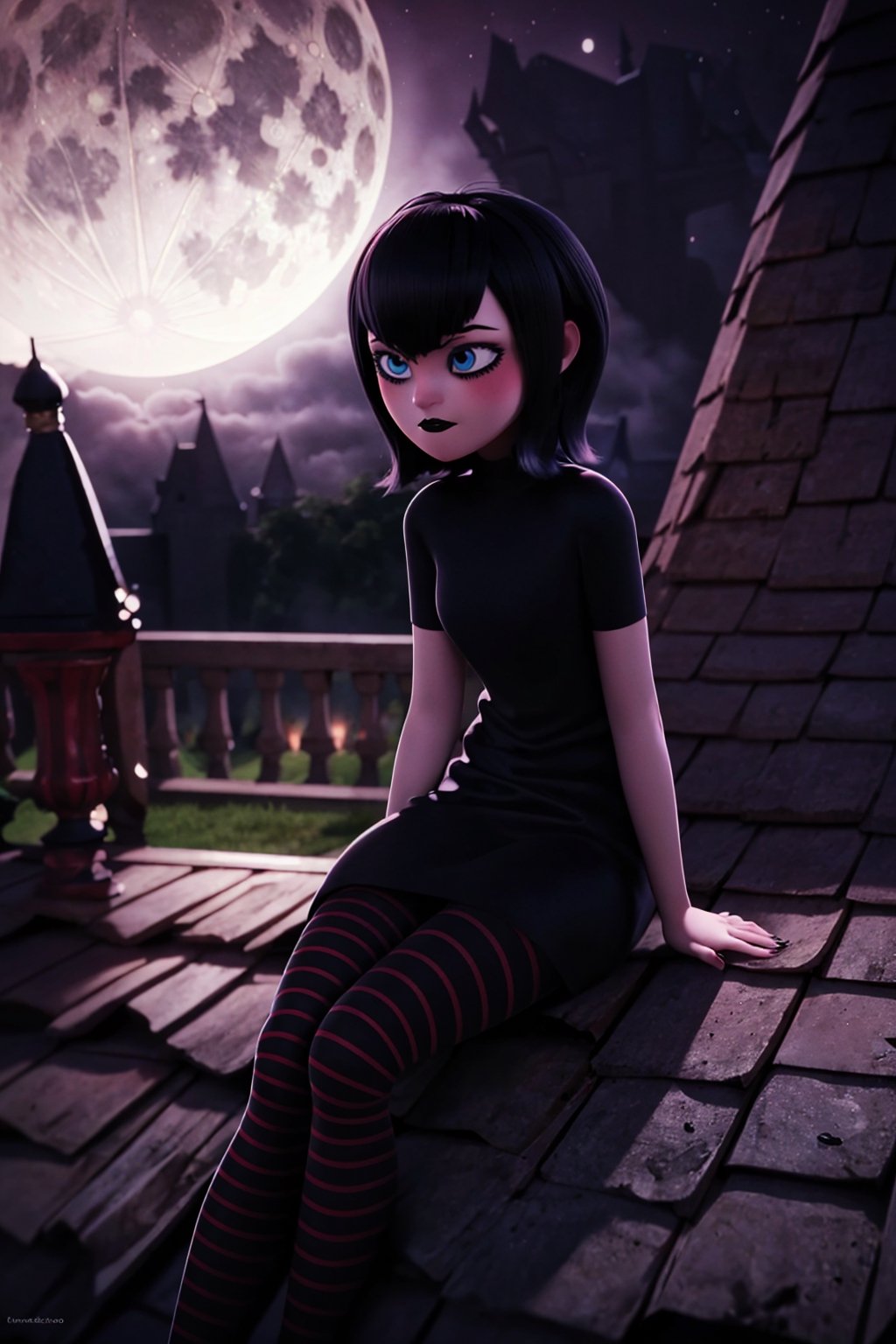 mevis, 1 girl, alone, short hair, sad, black hair, individual focus, blue eyes, makeup, lipstick, black lips, MAVIS DRACULA, short black dress, black tights with red stripes, outside, night, dark sky, full moon, fog, castle roof, sitting,mavis dracula