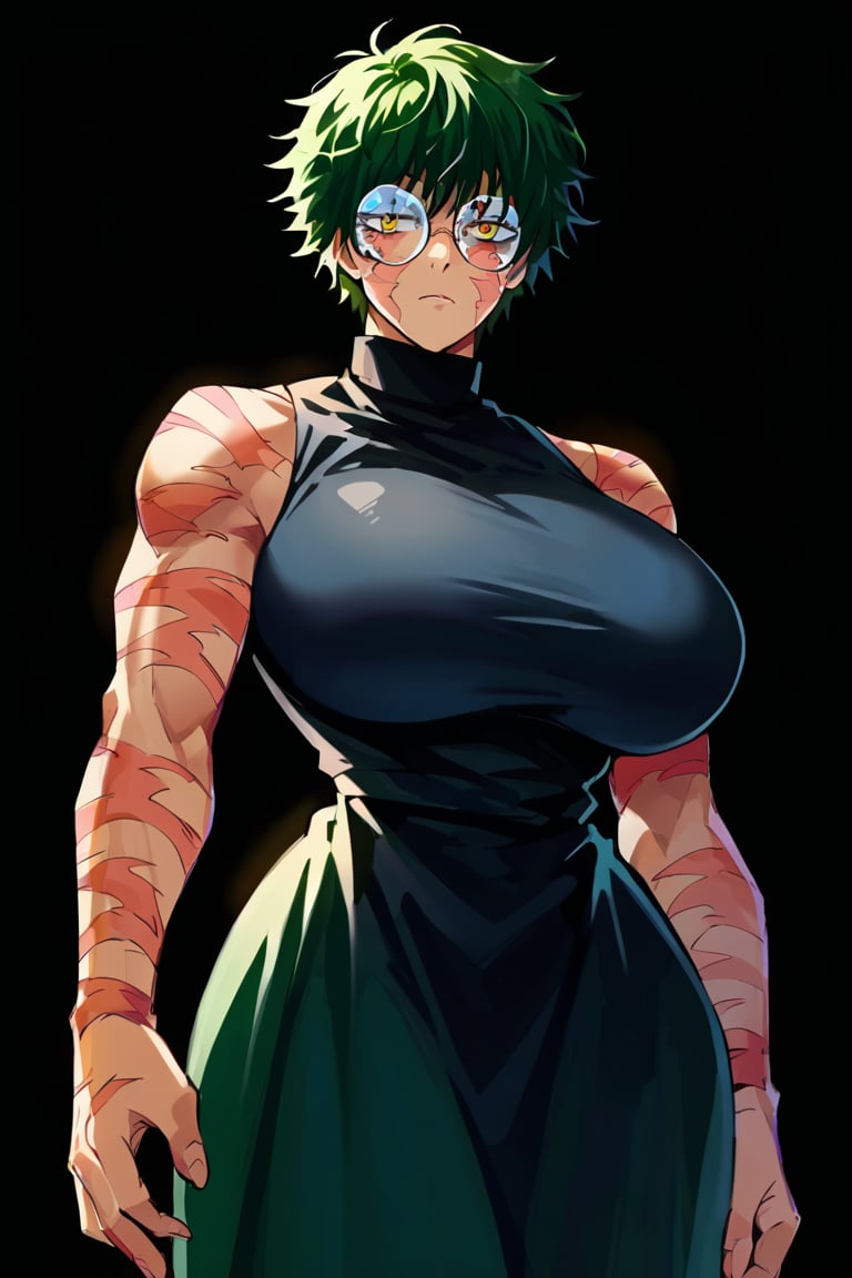 score_9,score_8_up,score_7_up,score_6_up, maki zenin, 1 girl, alone, glasses, scar, (giant breasts: 1.3), strong, muscular, narrow waist, round glasses, short hair, messy hair, green hair, yellow eyes, body tall, long dress, black turtleneck dress, sleeveless, black background, background space, galaxies ,MakizeninSDXL