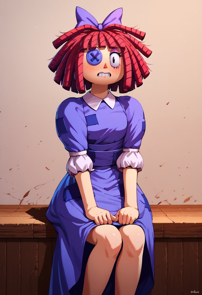 Score_9, Score_8_up, Score_7_up, Score_9,4k, HD, 8k, high resolution, antialiasing, detailed, texture, BREAK ragathaSDXL, 1 girl, alone, looking at viewer, black eyes, dress, bow, short sleeves, hair bow, red hair, teeth, rag doll, puff sleeves, signature, red noise, medium hair, short puff sleeves, blue dress, eye patch, purple dress, purple bow, cowboy shot, sitting, ragathaSDXL