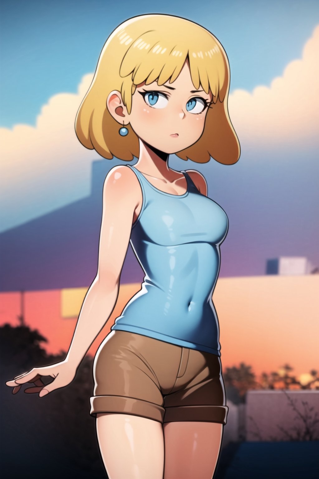 ((masterpiece, best quality)), solo, 1 girl, loriloud, lori strong, high resolution, blonde hair, short hair, detailed, soft lighting, outdoors, brown shorts, blue blouse